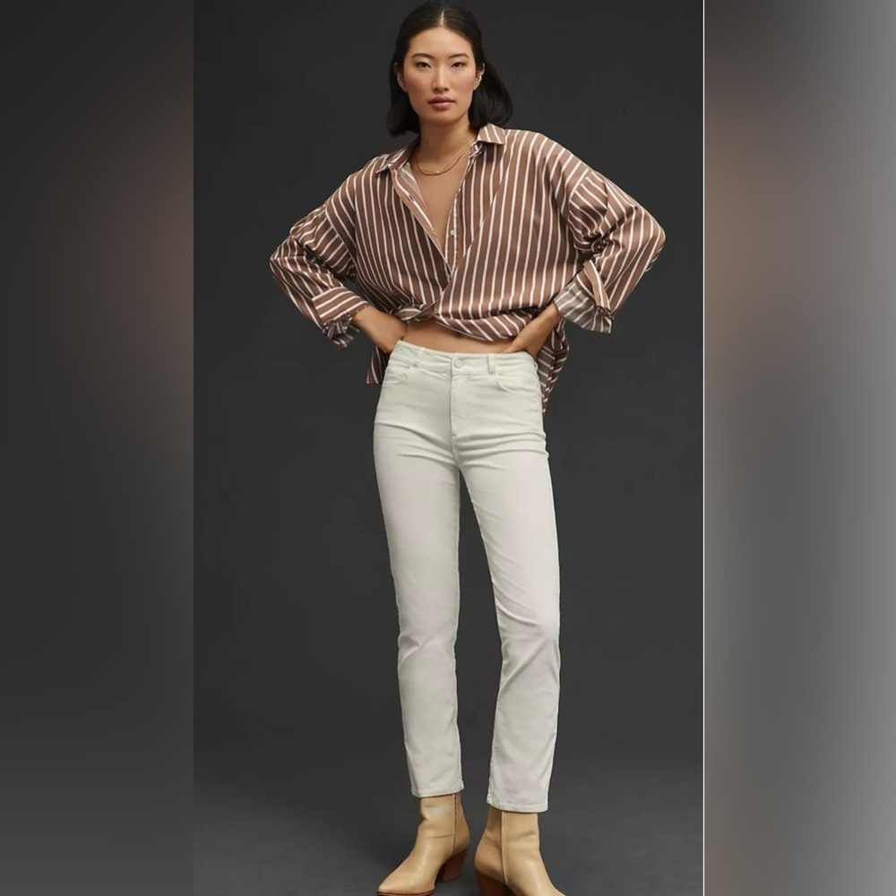 Paige Cindy Mid-Rise Slim Straight Corduroy Jeans in Ecru 29